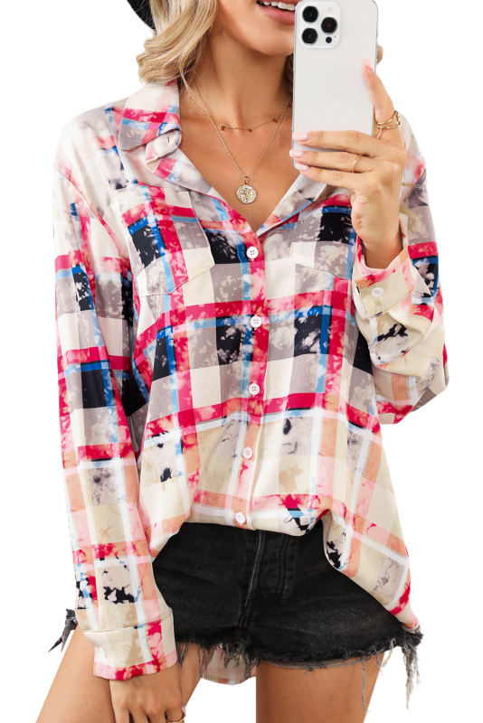 Red Checkered Abstract Print Buttoned Long Sleeve Shirt