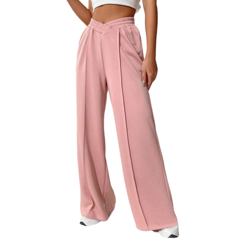 Pink Elastic Waist Wide Leg Casual Pants