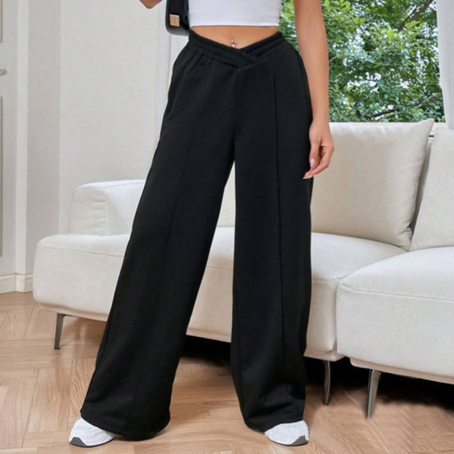 Black Elastic Waist Wide Leg Casual Pants