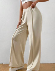 Apricot Elastic Waist Wide Leg Casual Pants