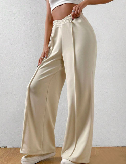 Apricot Elastic Waist Wide Leg Casual Pants