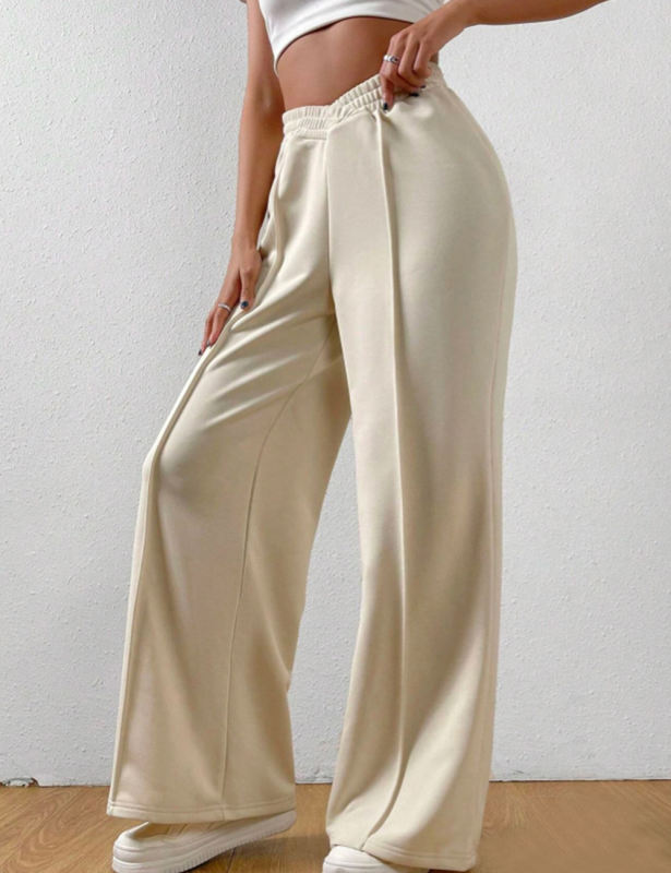 Apricot Elastic Waist Wide Leg Casual Pants