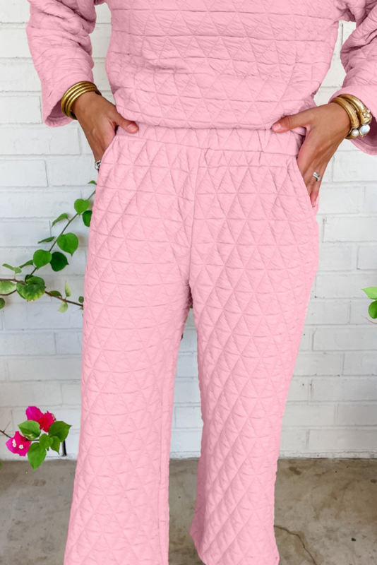 Apricot Powder Solid Quilted Pullover and Pants Outfit