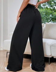 Black Elastic Waist Wide Leg Casual Pants