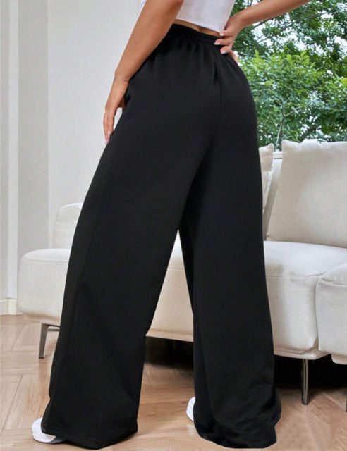 Black Elastic Waist Wide Leg Casual Pants