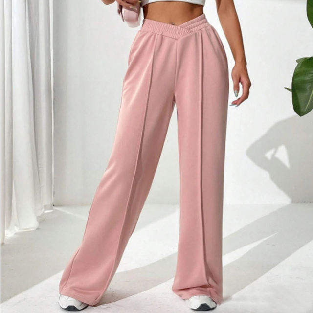 Pink Elastic Waist Wide Leg Casual Pants