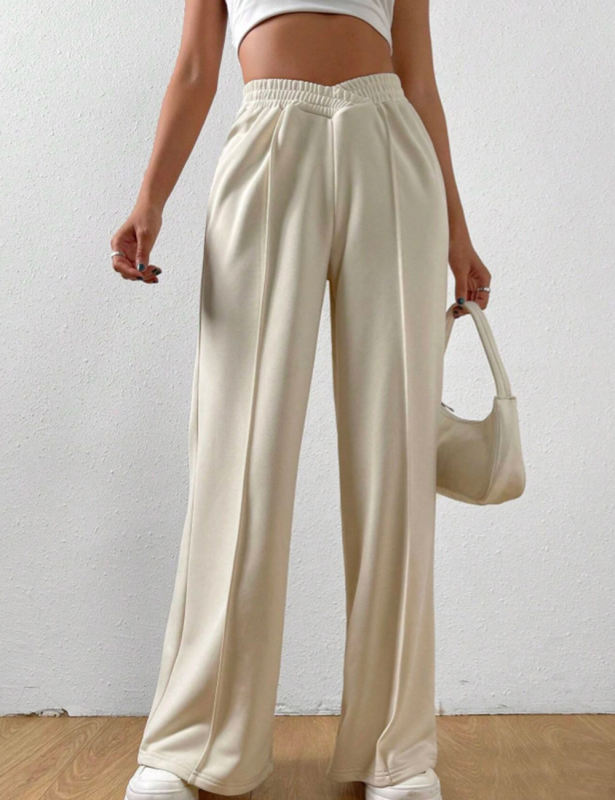 Apricot Elastic Waist Wide Leg Casual Pants