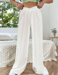 White Elastic Waist Wide Leg Casual Pants