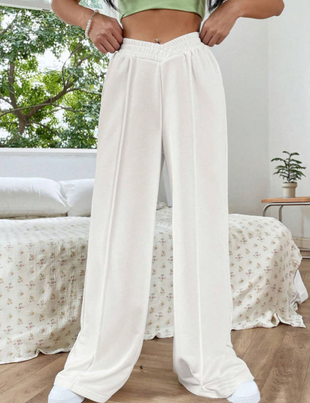 White Elastic Waist Wide Leg Casual Pants