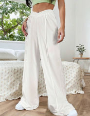 White Elastic Waist Wide Leg Casual Pants