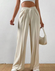 Apricot Elastic Waist Wide Leg Casual Pants