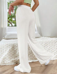 White Elastic Waist Wide Leg Casual Pants