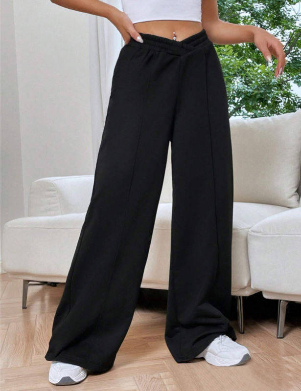 Black Elastic Waist Wide Leg Casual Pants