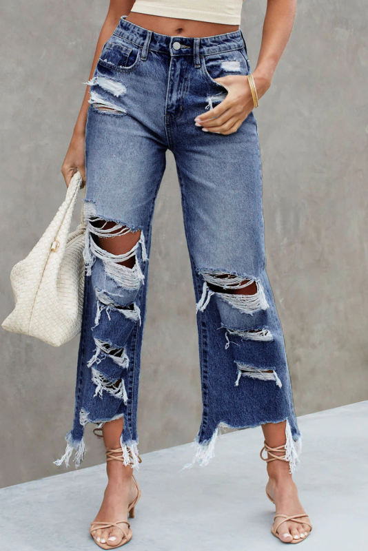 Blue Heavy Destroyed High Waist Jeans