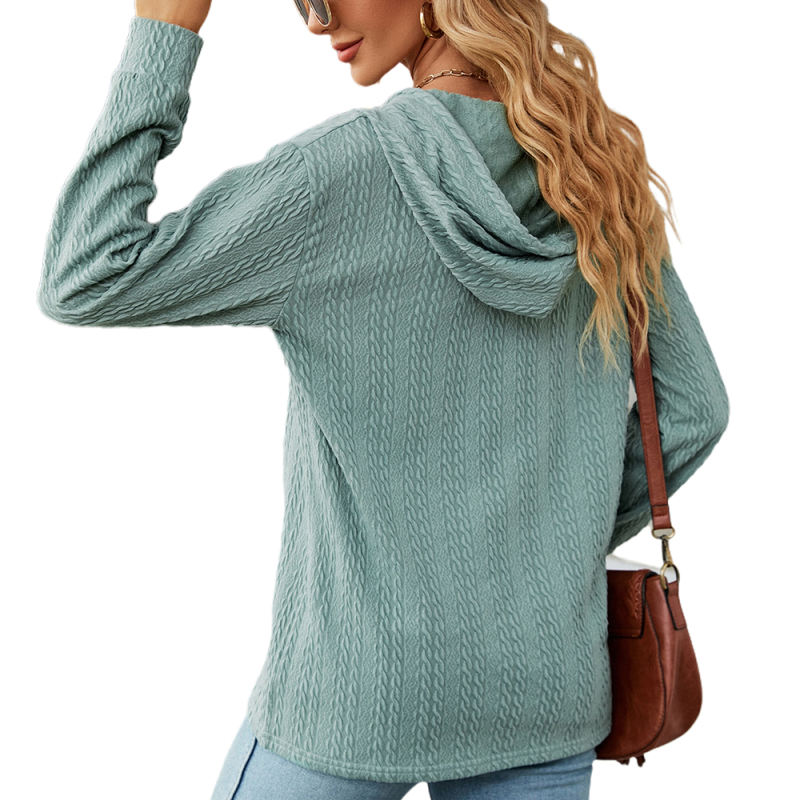 Pea Green Knit Jacquard Button Pullover Hoodie