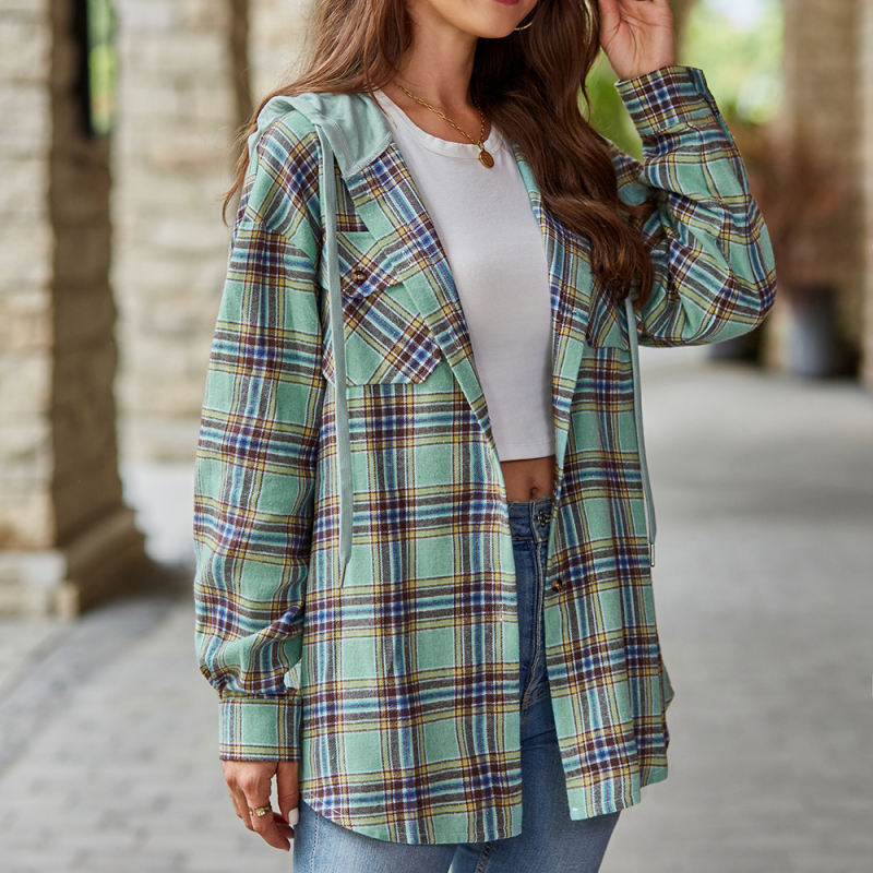 Green Plaid Print Hooded Button Shirt Jacket