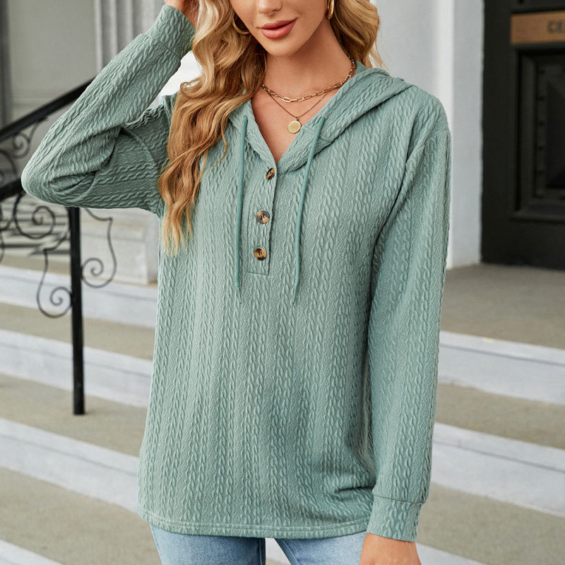 Pea Green Knit Jacquard Button Pullover Hoodie