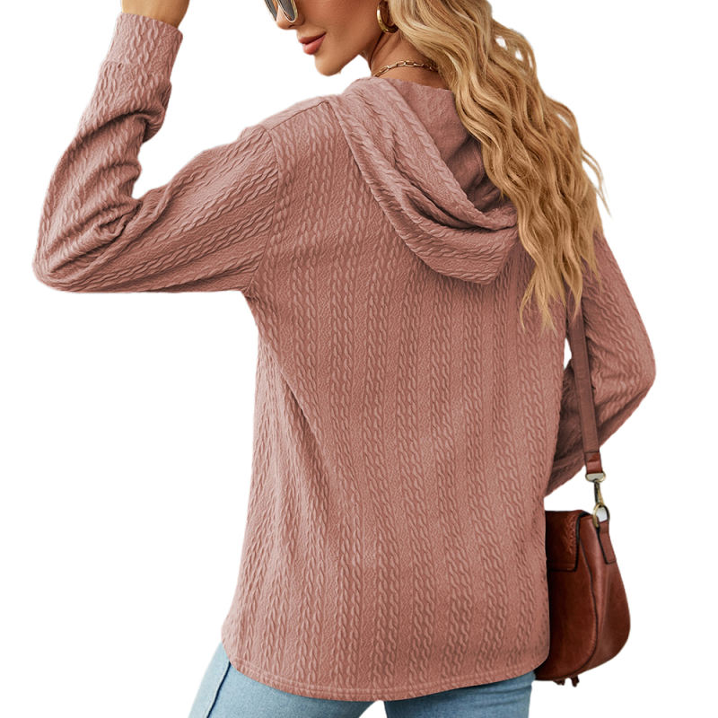 Pink Knit Jacquard Button Pullover Hoodie