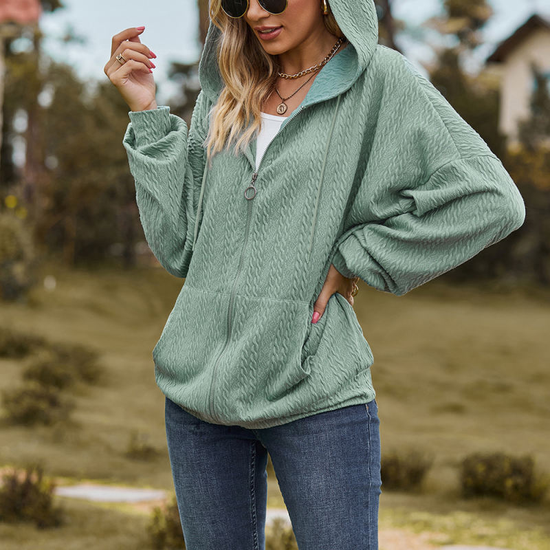 Pea Green Knit Jacquard Pocketed Full Zip Hoodie