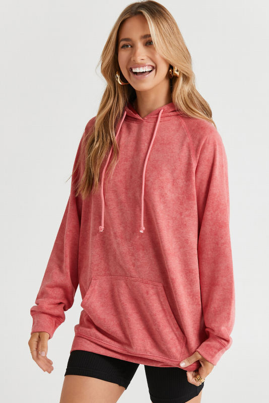 Red  Mineral Wash Kangaroo Pocket Drawstring Pullover Hoodie