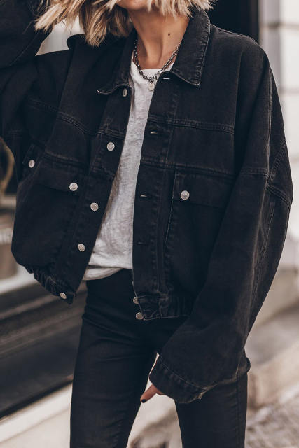 Black Metal Buttons Flap Pocket Drop Shoulder Denim Jacket