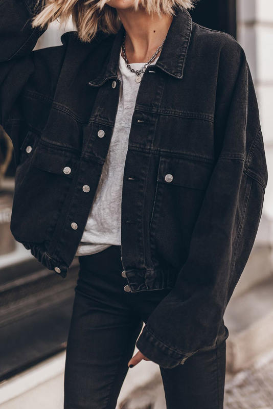 Black Metal Buttons Flap Pocket Drop Shoulder Denim Jacket