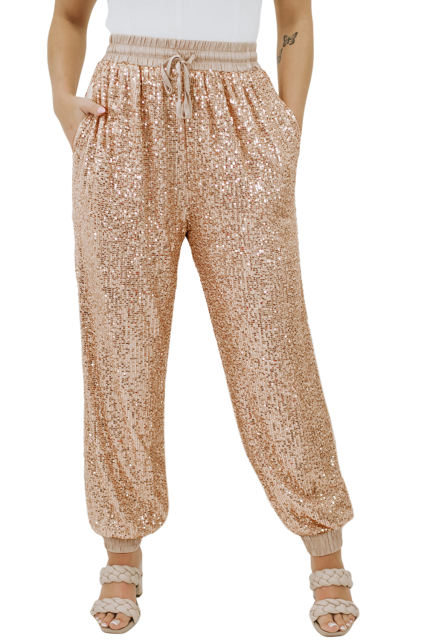 Apricot Plus Size Sequin Drawstring Waist Joggers