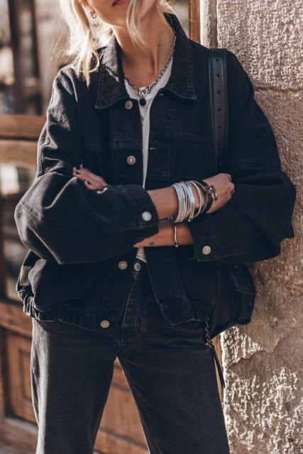 Black Metal Buttons Flap Pocket Drop Shoulder Denim Jacket