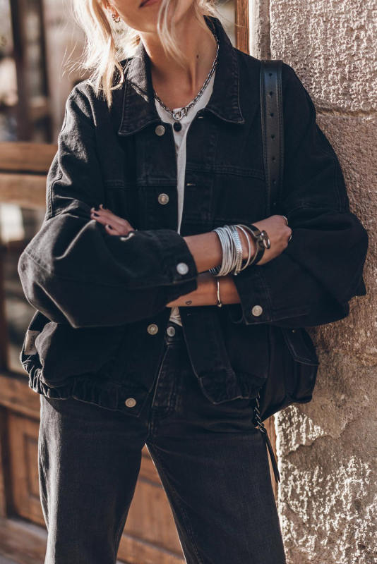 Black Metal Buttons Flap Pocket Drop Shoulder Denim Jacket