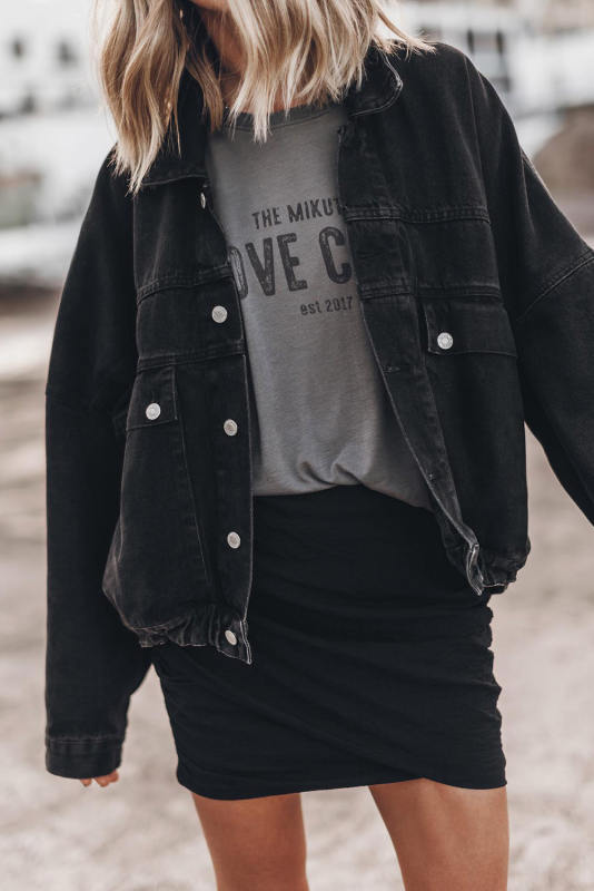 Black Metal Buttons Flap Pocket Drop Shoulder Denim Jacket