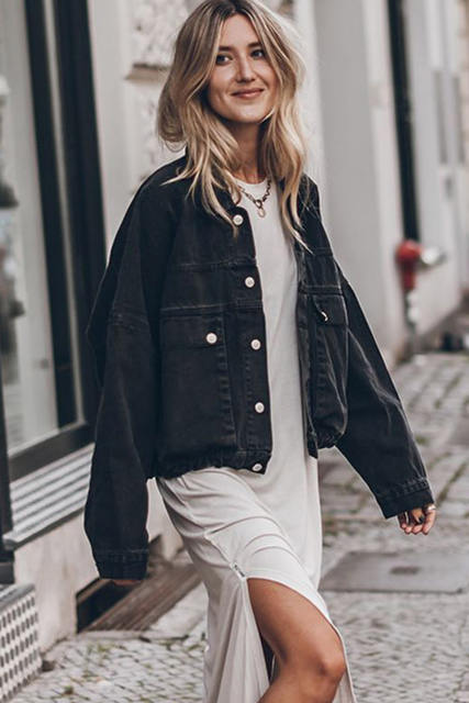 Black Metal Buttons Flap Pocket Drop Shoulder Denim Jacket