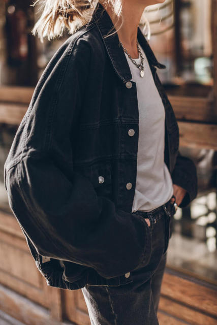 Black Metal Buttons Flap Pocket Drop Shoulder Denim Jacket