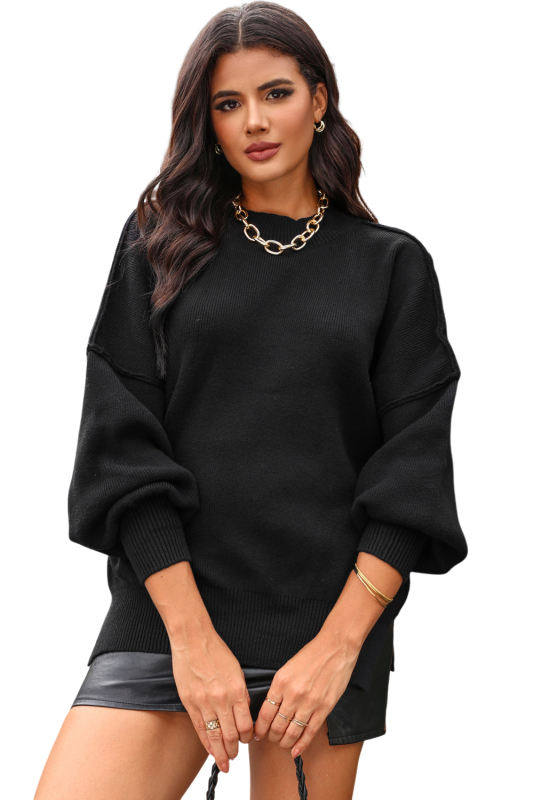Black Oversized Drop Shoulder Bubble Sleeve Pullover Sweater