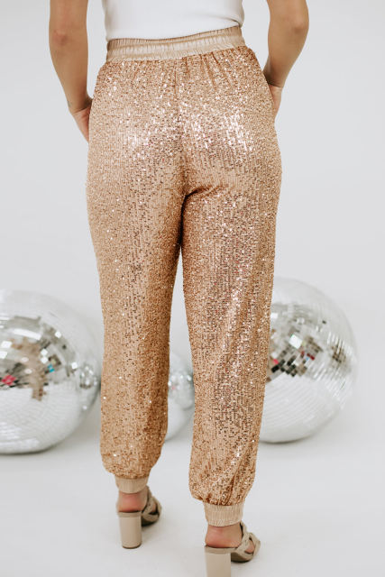 Apricot Plus Size Sequin Drawstring Waist Joggers