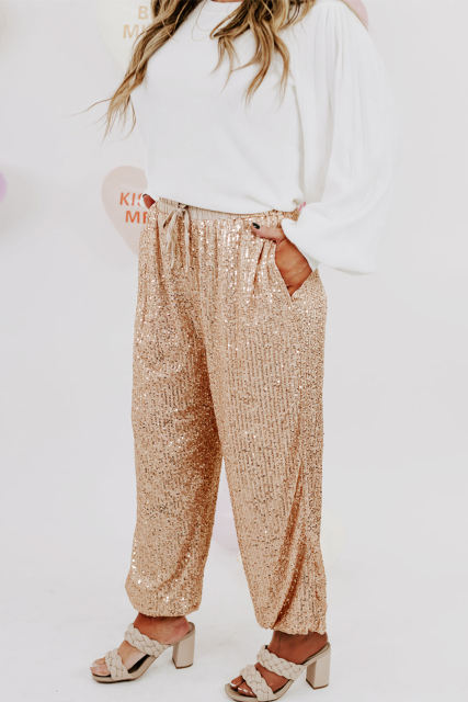 Apricot Plus Size Sequin Drawstring Waist Joggers
