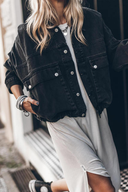 Black Metal Buttons Flap Pocket Drop Shoulder Denim Jacket