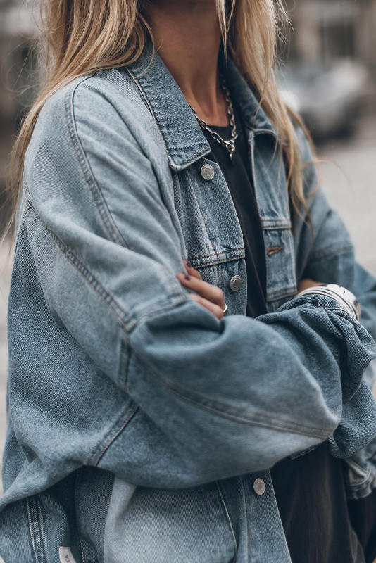 Sky Blue Metal Buttons Flap Pocket Drop Shoulder Denim Jacket