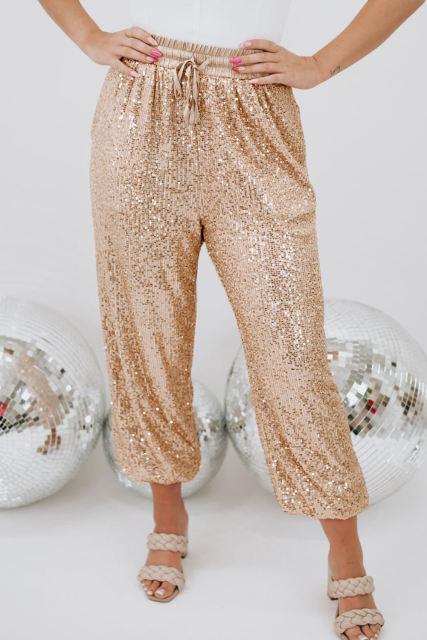 Apricot Plus Size Sequin Drawstring Waist Joggers