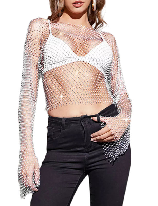 White Mesh Fishnet Hollow-out Round Neck Blouse