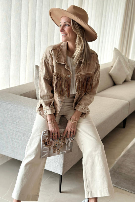 Brown Rhinestone Fringed Cowgirl Fashion Denim Jacket LC788382-17