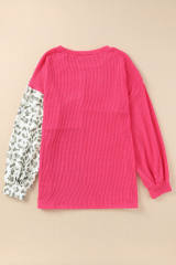 Rose Leopard Patchwork Color Block Ribbed Long Sleeve Top