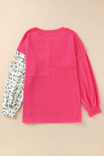 Rose Leopard Patchwork Color Block Ribbed Long Sleeve Top