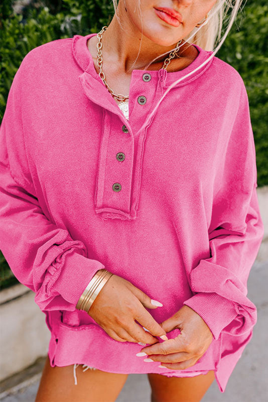 Strawberry Pink Drop Shoulder Henley Buttons Sweatshirt