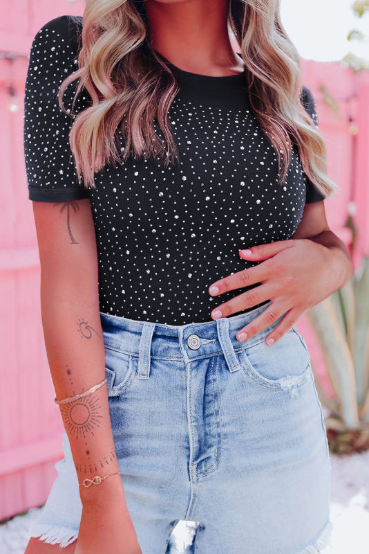 Black Rhinestone Allover Round Neck Short Sleeve Bodysuit LC6421365-2