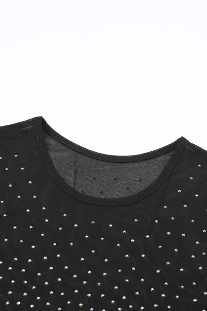 Black Rhinestone Embellished Mesh Long Sleeve Bodysuit LC6421555-2