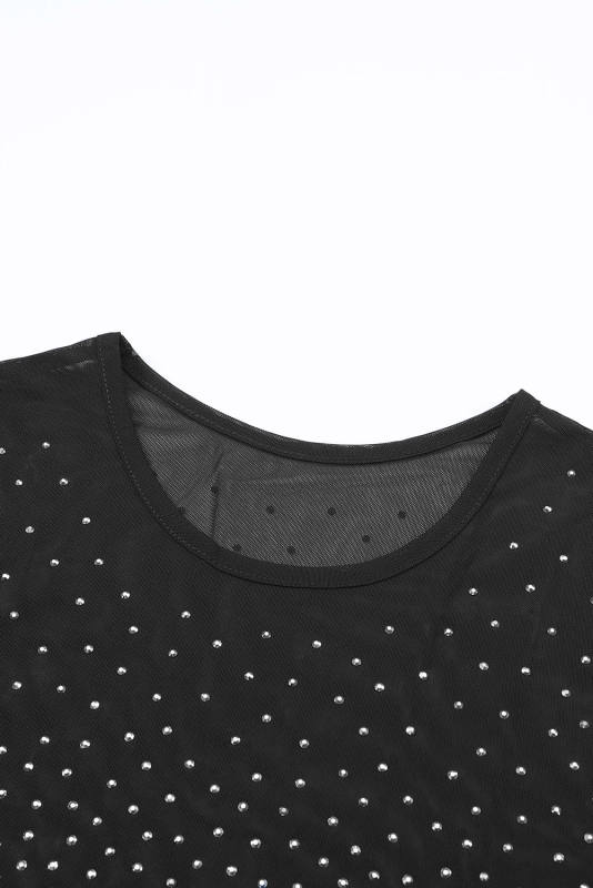 Black Rhinestone Embellished Mesh Long Sleeve Bodysuit LC6421555-2