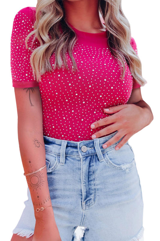 Rose Rhinestone Allover Round Neck Short Sleeve Bodysuit LC6421365-6