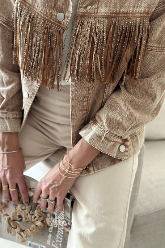 Brown Rhinestone Fringed Cowgirl Fashion Denim Jacket LC788382-17