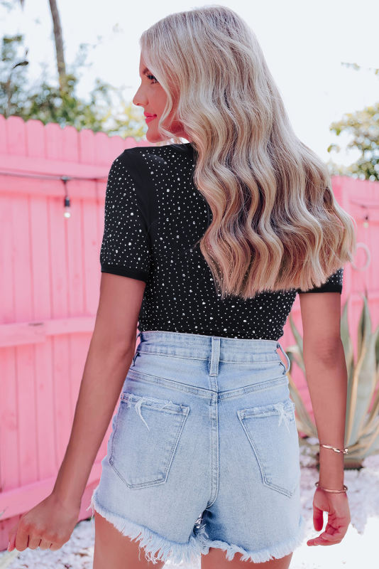 Black Rhinestone Allover Round Neck Short Sleeve Bodysuit LC6421365-2