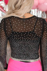 Black Rhinestone Embellished Mesh Long Sleeve Bodysuit LC6421555-2